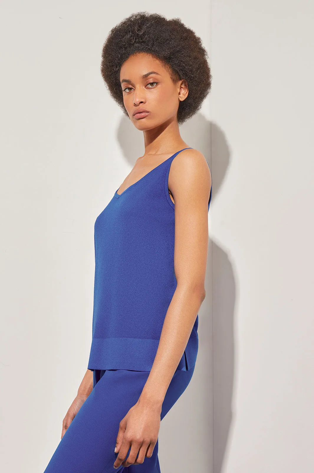 V-Neck Tank - Side-Slit Soft Knit, Sapphire Sea