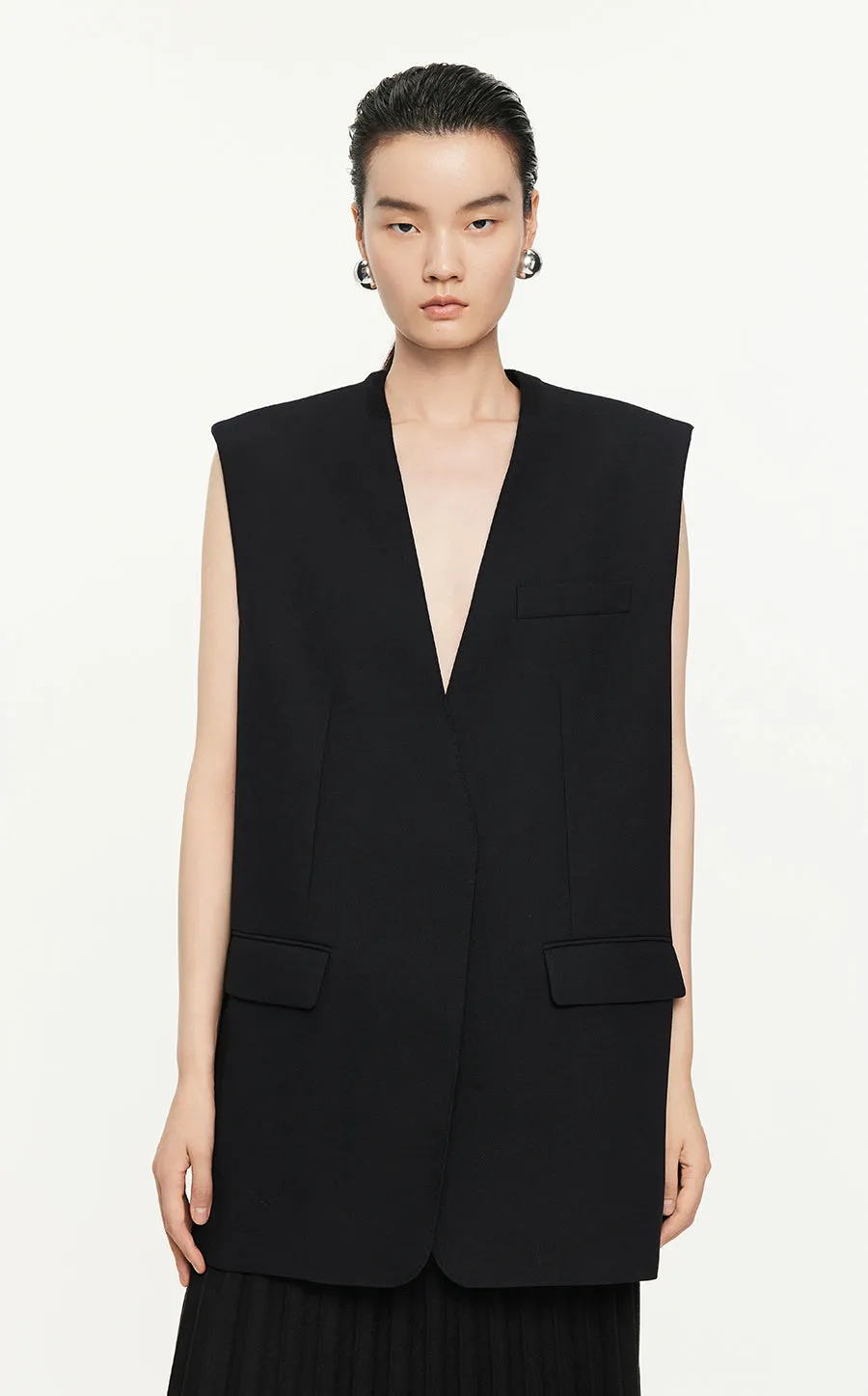 Vest/JNBY V-neck H-shaped Loose Fitting Midi Vest