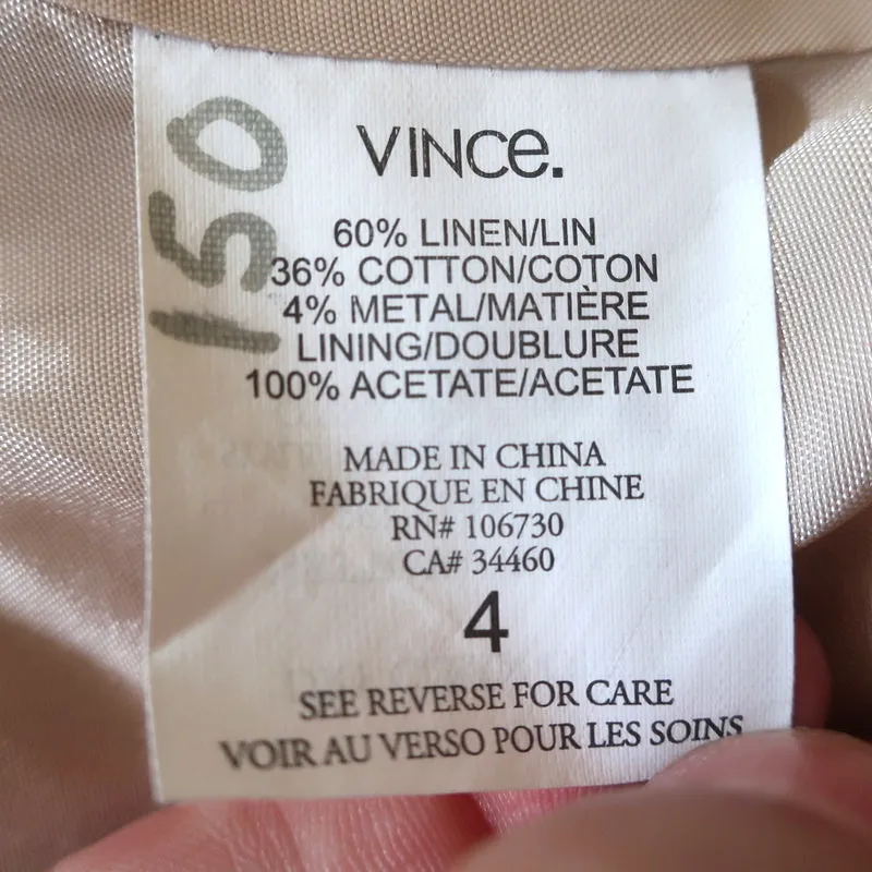 Vince Blazer Light Beige Rustic Linen Size 4 Open-Front Jacket