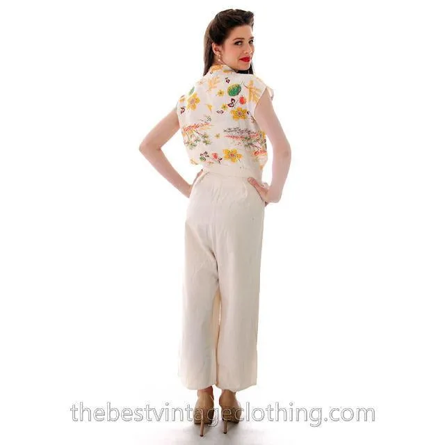 Vintage 1940s Pants High Waist Cotton Side Button  Red Button Womens 28 Waist