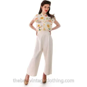 Vintage 1940s Pants High Waist Cotton Side Button  Red Button Womens 28 Waist