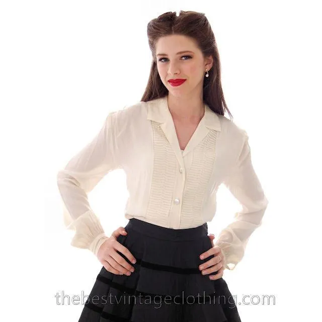 Vintage 1940s Rayon Blouse Ivory Long Sleeves MorLove Med-Large