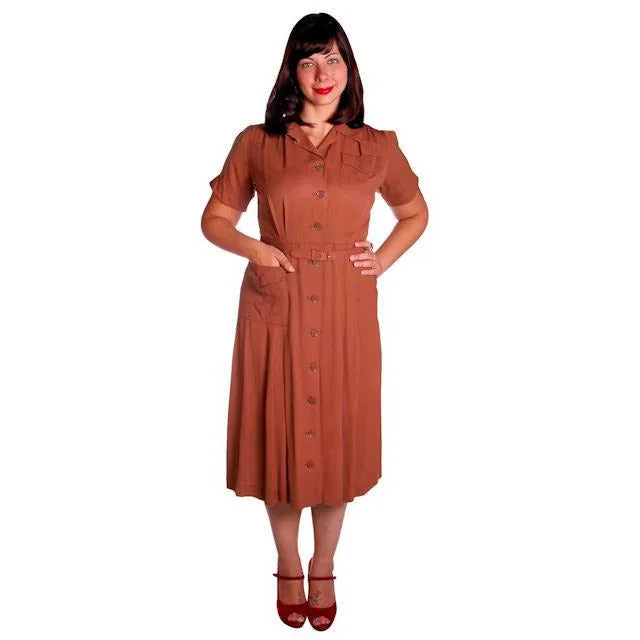Vintage Brown Rayon Day Dress 1940s Activi-tee 40-31-40