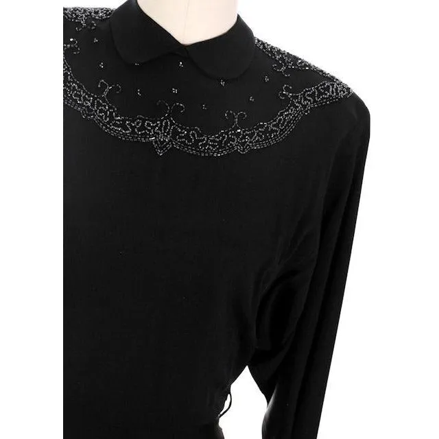Vintage Dress Black Rayon Batwing Style Beaded Yoke Hot Style 1940s 34-26-38