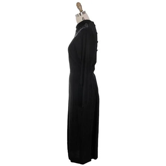 Vintage Dress Black Rayon Batwing Style Beaded Yoke Hot Style 1940s 34-26-38