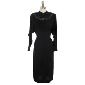 Vintage Dress Black Rayon Batwing Style Beaded Yoke Hot Style 1940s 34-26-38
