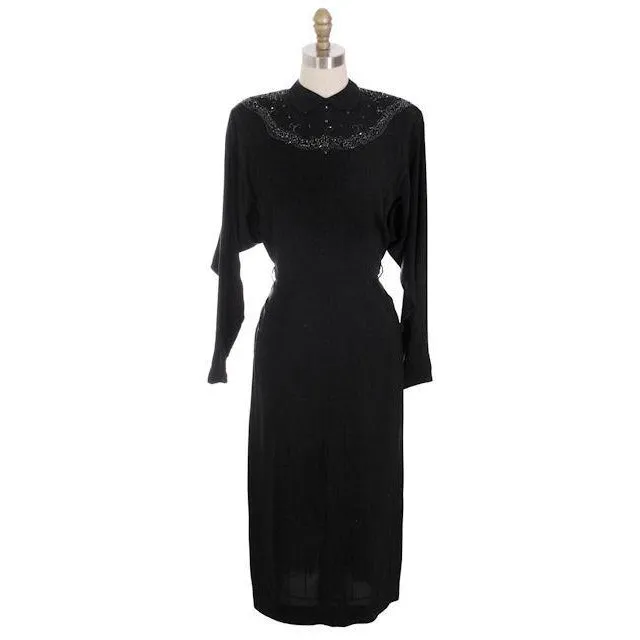 Vintage Dress Black Rayon Batwing Style Beaded Yoke Hot Style 1940s 34-26-38