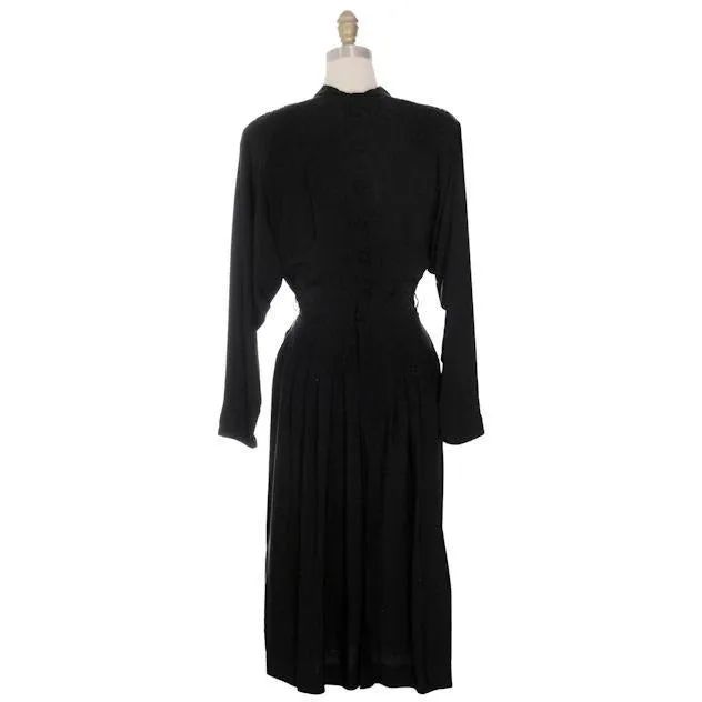 Vintage Dress Black Rayon Batwing Style Beaded Yoke Hot Style 1940s 34-26-38