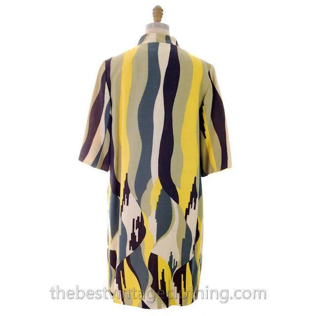 Vintage Linen  Yellow Sheath Dress & Abstract Printed Coat Edith Flagg 1970s 36-31-36