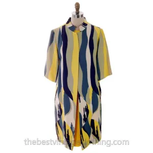 Vintage Linen  Yellow Sheath Dress & Abstract Printed Coat Edith Flagg 1970s 36-31-36
