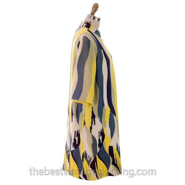 Vintage Linen  Yellow Sheath Dress & Abstract Printed Coat Edith Flagg 1970s 36-31-36