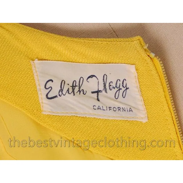 Vintage Linen  Yellow Sheath Dress & Abstract Printed Coat Edith Flagg 1970s 36-31-36