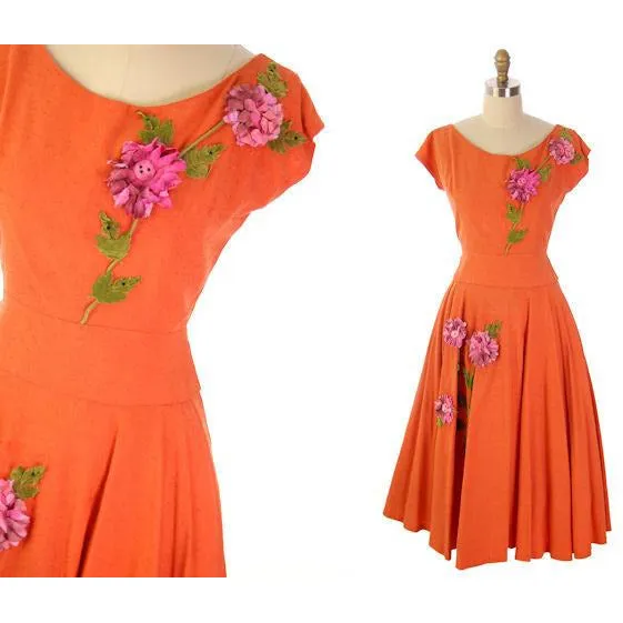 Vintage Orange  Nubby Rayon  2 PC Dress Circle Skirt Appliques Late 1940s Guernsey