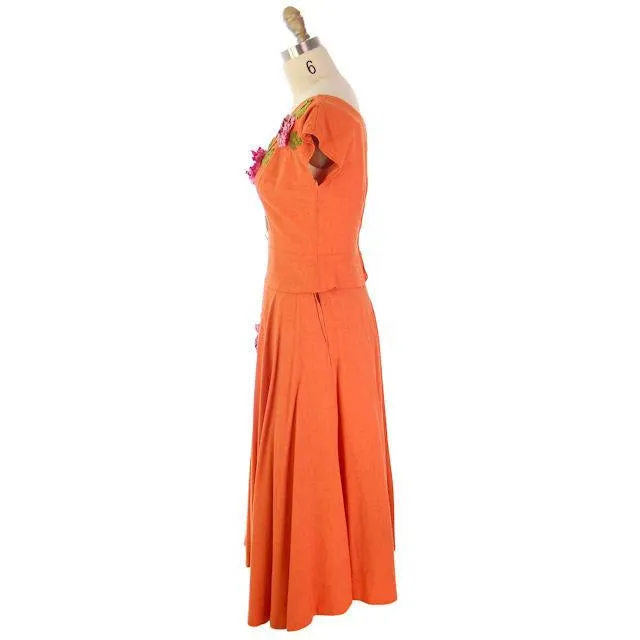 Vintage Orange  Nubby Rayon  2 PC Dress Circle Skirt Appliques Late 1940s Guernsey