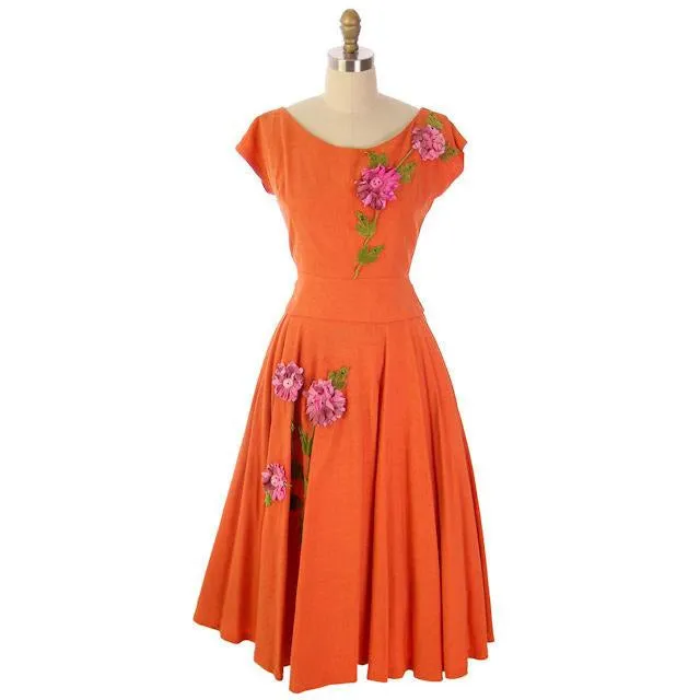 Vintage Orange  Nubby Rayon  2 PC Dress Circle Skirt Appliques Late 1940s Guernsey