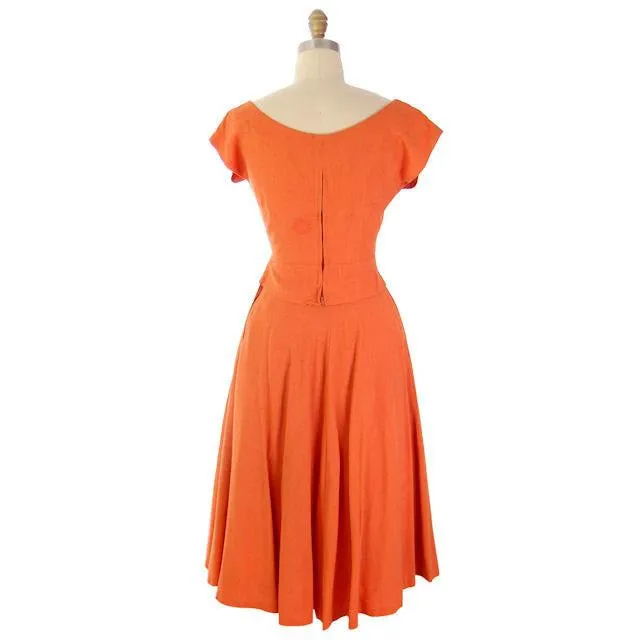 Vintage Orange  Nubby Rayon  2 PC Dress Circle Skirt Appliques Late 1940s Guernsey