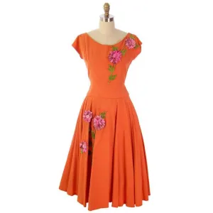 Vintage Orange  Nubby Rayon  2 PC Dress Circle Skirt Appliques Late 1940s Guernsey