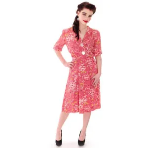 Vintage Printed Rayon Knit Dress Coral FLoral 1940s George Hess 40-27-36