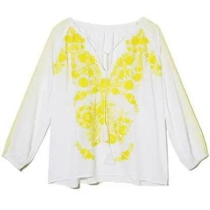 White & Yellow Rayon Mexican Embroidered Blouse