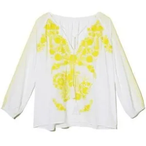 White & Yellow Rayon Mexican Embroidered Blouse