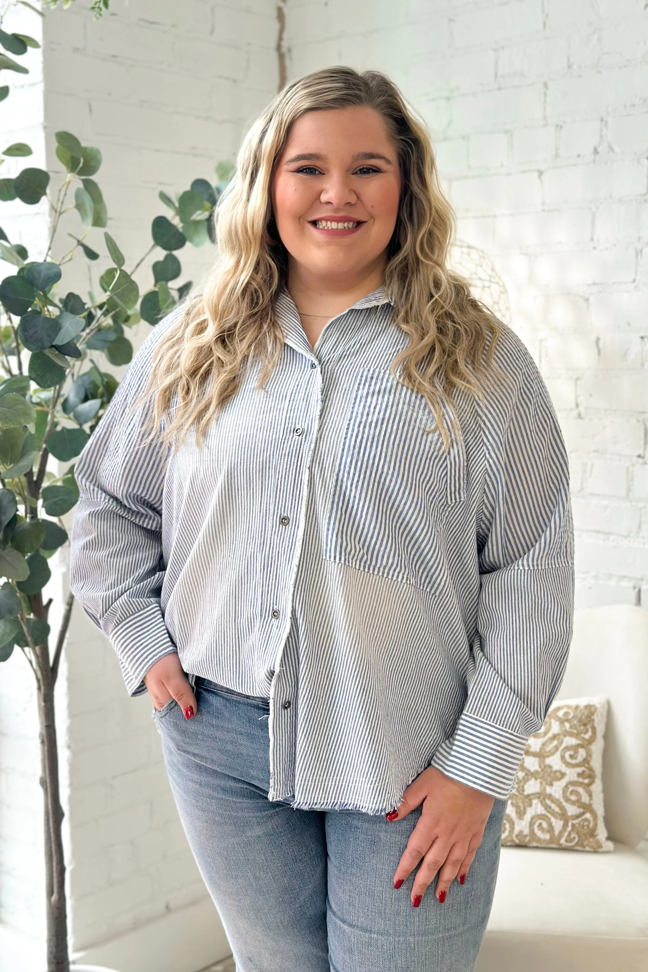 White and Blue Raw Edge Striped Button Up Long Sleeve Top