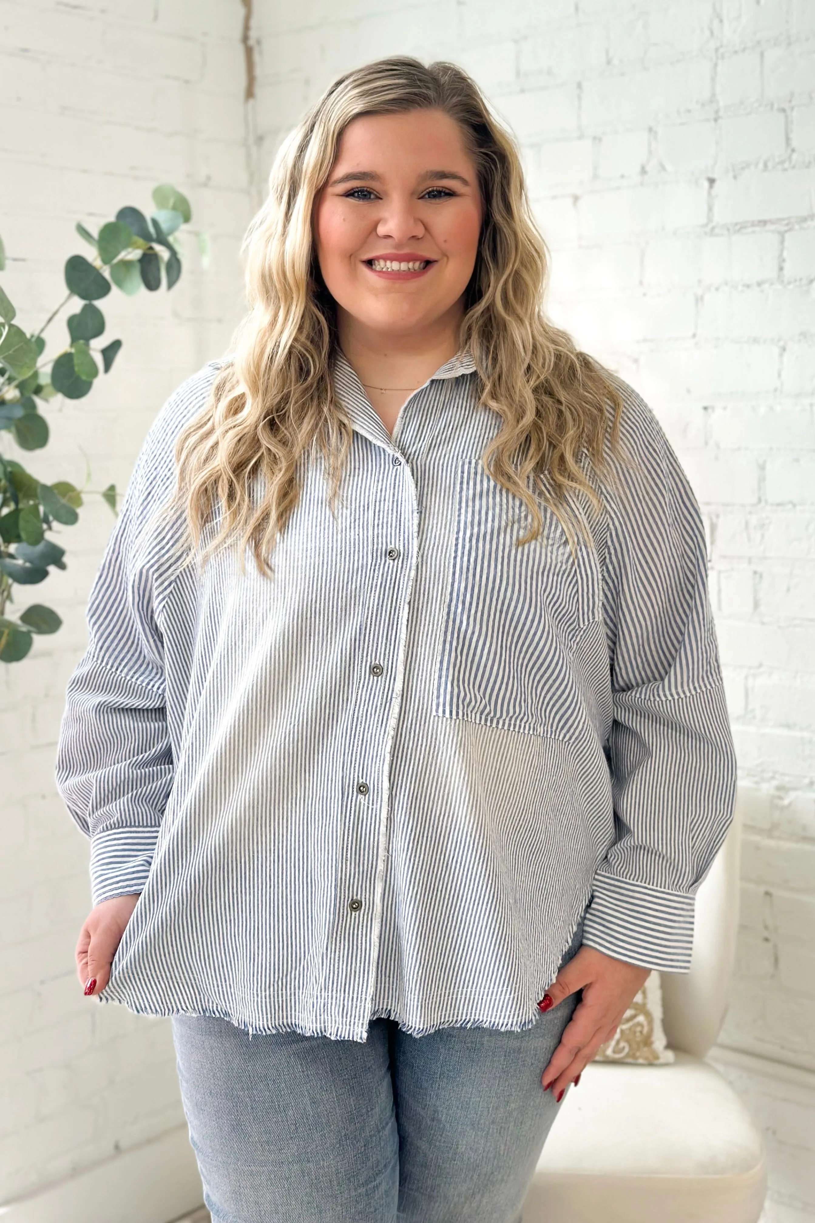 White and Blue Raw Edge Striped Button Up Long Sleeve Top