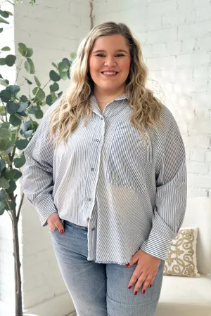 White and Blue Raw Edge Striped Button Up Long Sleeve Top