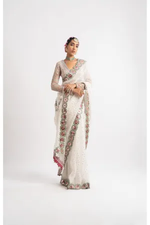 White Hand Cut Mirror Border Saree Set