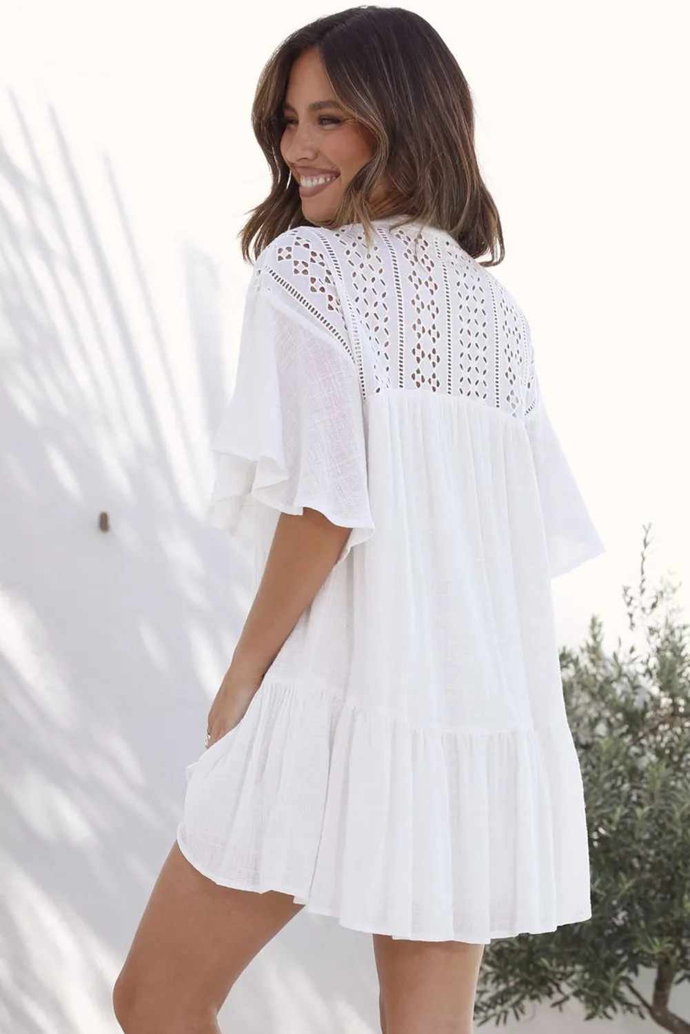 White Hollow Out Ruffled Buttoned Shirt Mini Dress