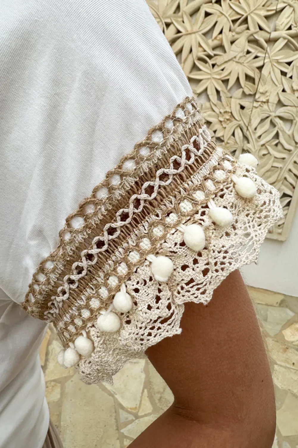 White Lace Crochet Patchwork Sleeve Crew Neck T Shirt