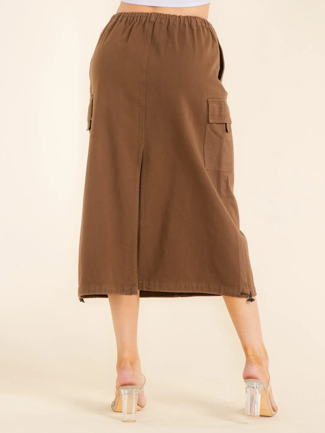 WOMEN'S ADJUSTABLE EDGE & WAIST CARGO POCKETS DENIM MIDI SKIRT