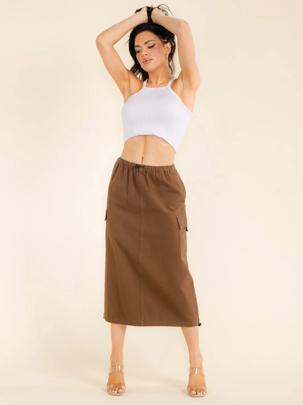 WOMEN'S ADJUSTABLE EDGE & WAIST CARGO POCKETS DENIM MIDI SKIRT