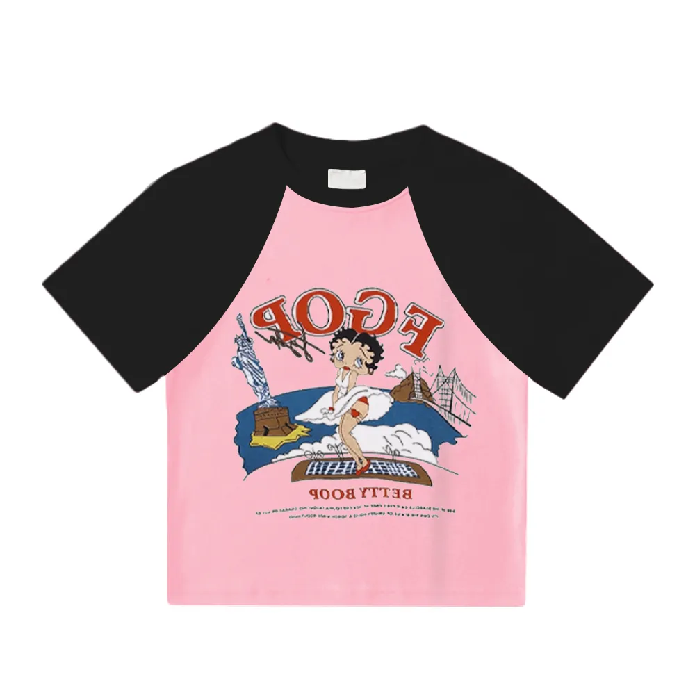 Women's Cartoon Surfer Boy Patchwork T-Shirt