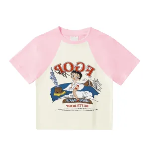 Women's Cartoon Surfer Boy Patchwork T-Shirt