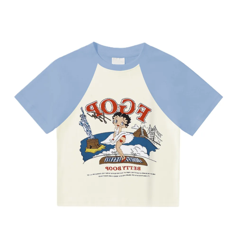 Women's Cartoon Surfer Boy Patchwork T-Shirt