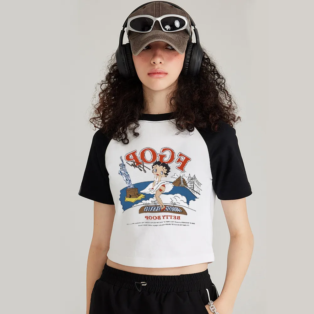 Women's Cartoon Surfer Boy Patchwork T-Shirt