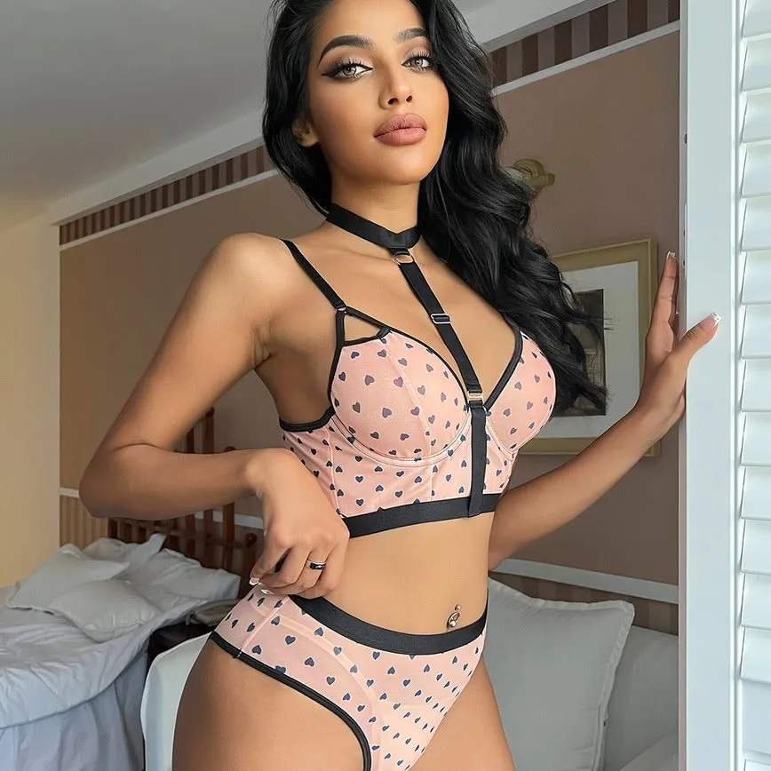 Women's Heart Printed Multi-stage Adjustable Shoulder Strap Pink Bra Set