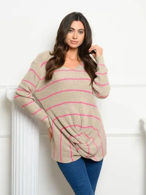 WOMEN'S LONG SLEEVE V-NECK STRIPED SWEATER