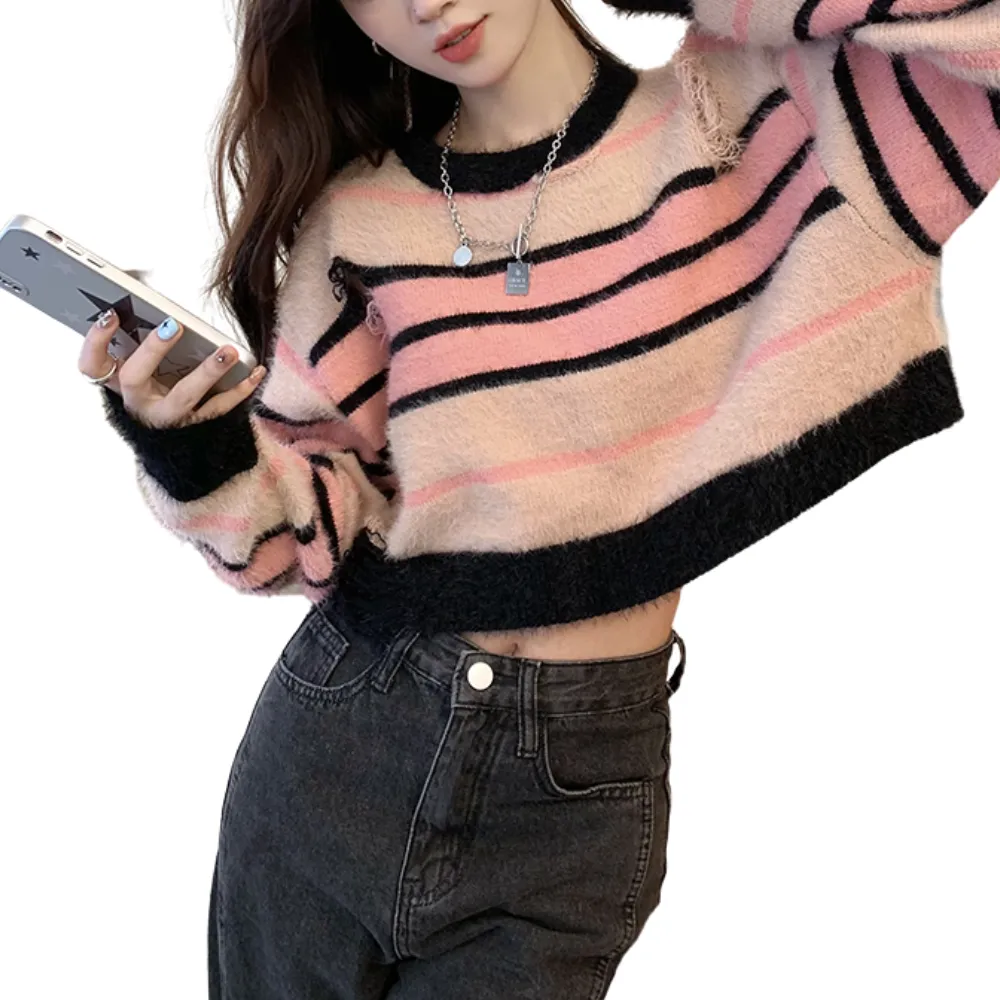 Women's Pink ripped striped sweater