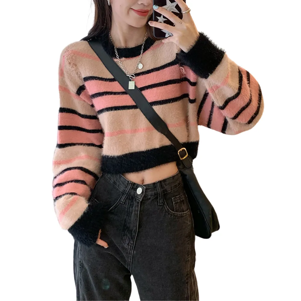 Women's Pink ripped striped sweater