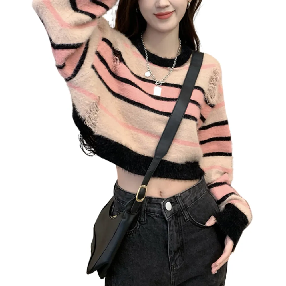Women's Pink ripped striped sweater