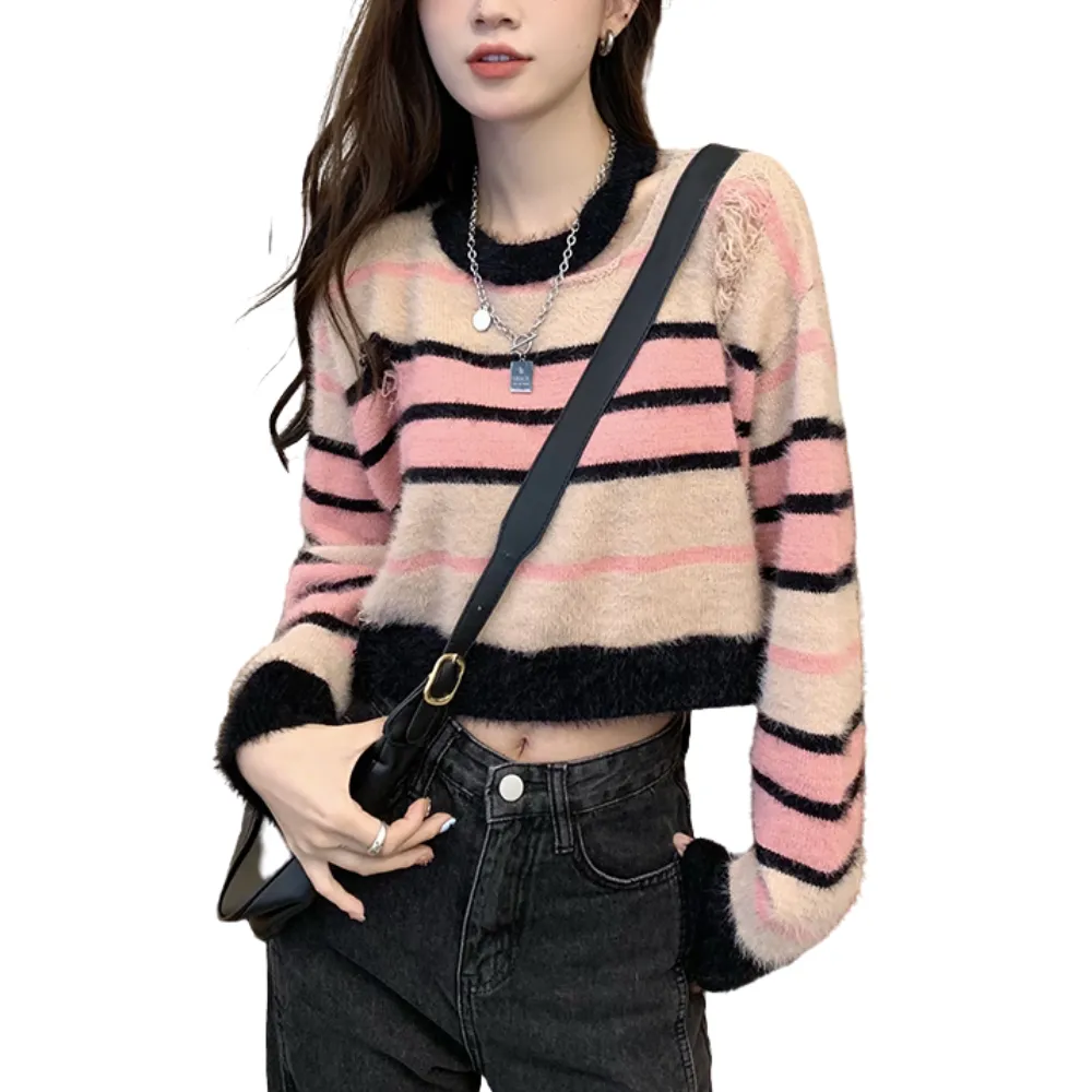 Women's Pink ripped striped sweater
