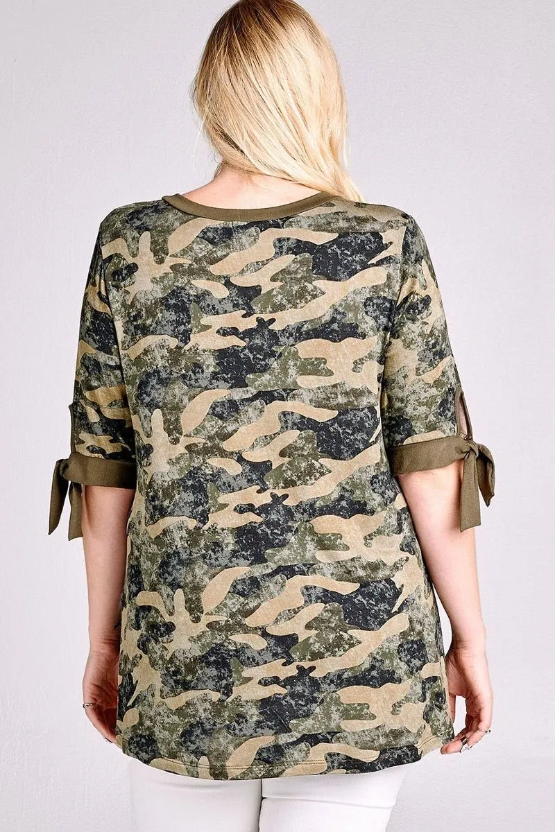 Women's Plus Size Camouflage Top with Tie Sleeves