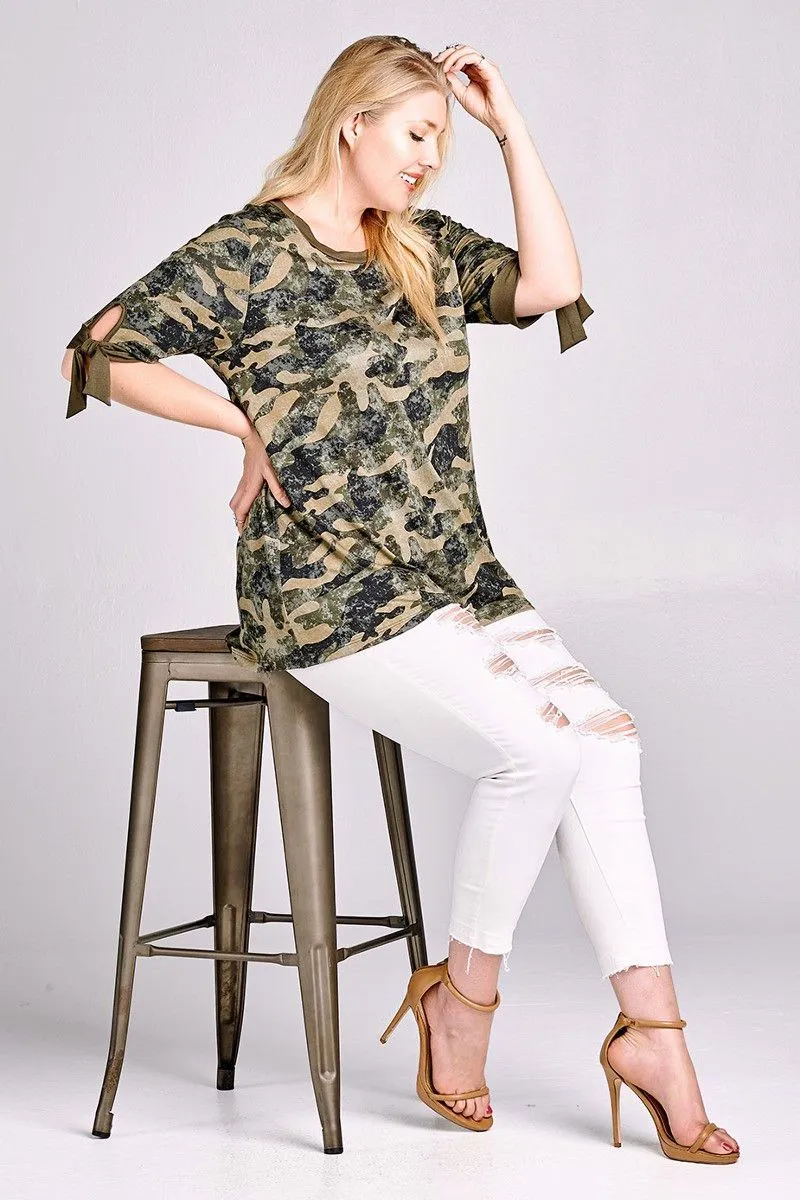 Women's Plus Size Camouflage Top with Tie Sleeves