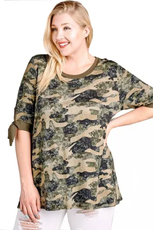 Women's Plus Size Camouflage Top with Tie Sleeves