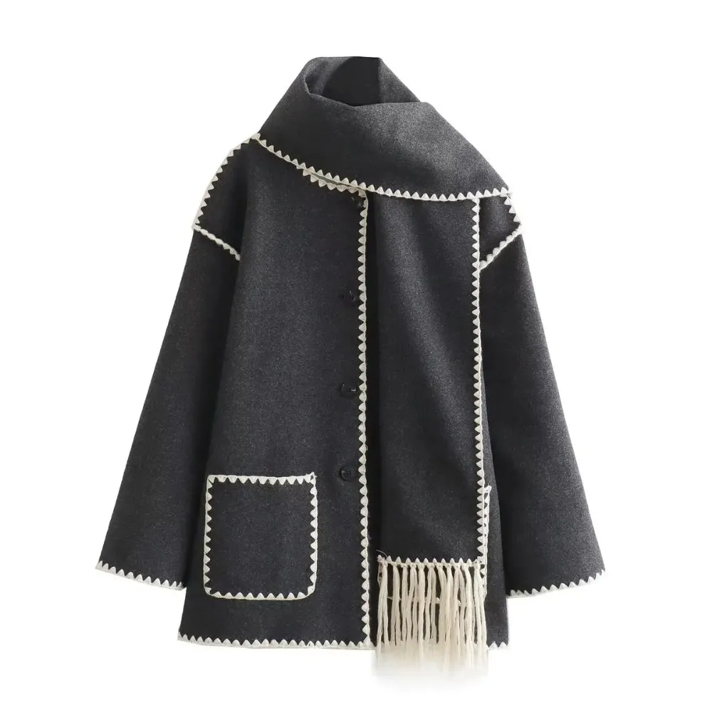 Women's Sarf Patchwork Woolen Coat