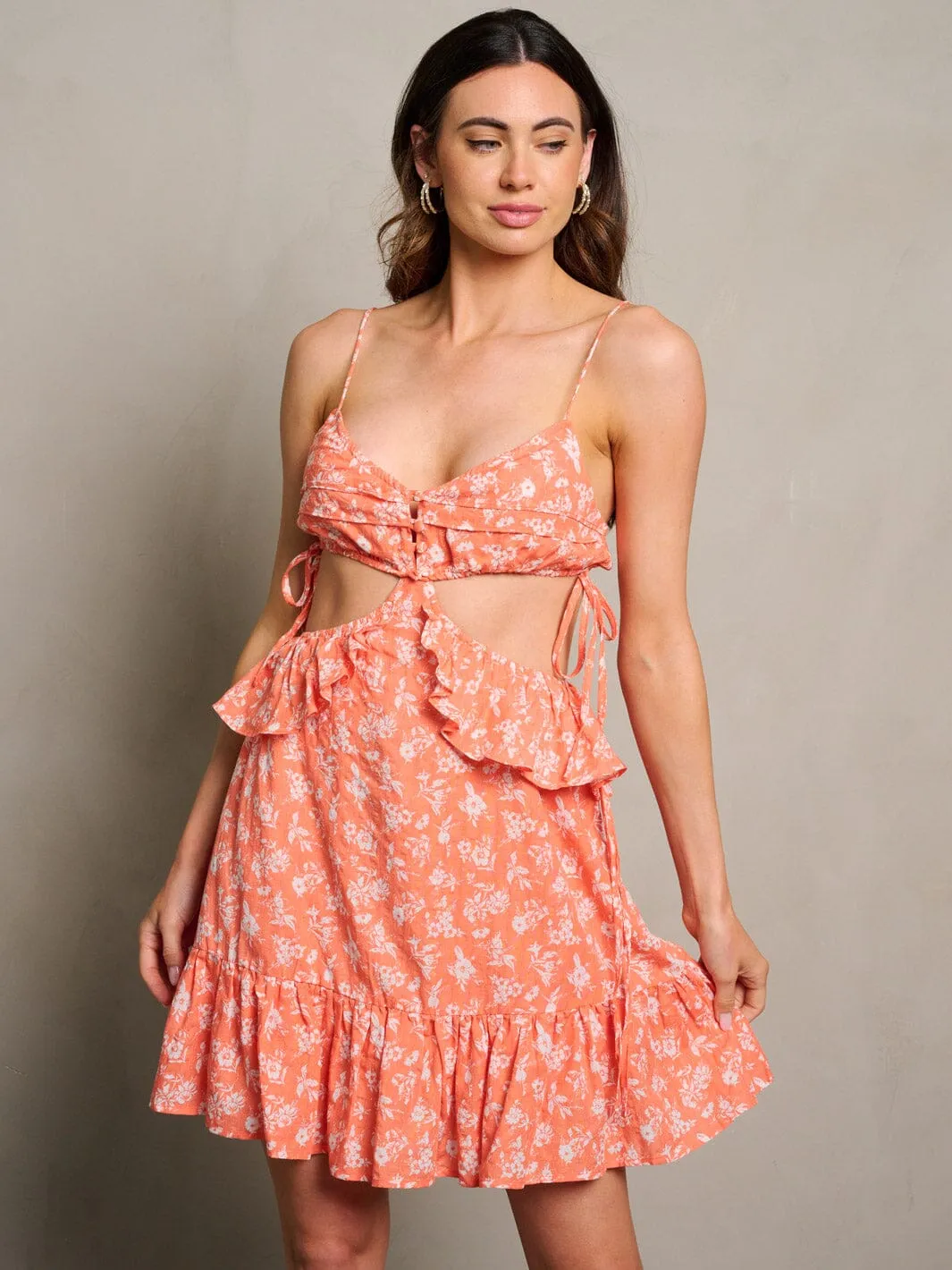 WOMEN'S SLEEVELESS CUT OUT FLORAL OPEN BACK MINI DRESS