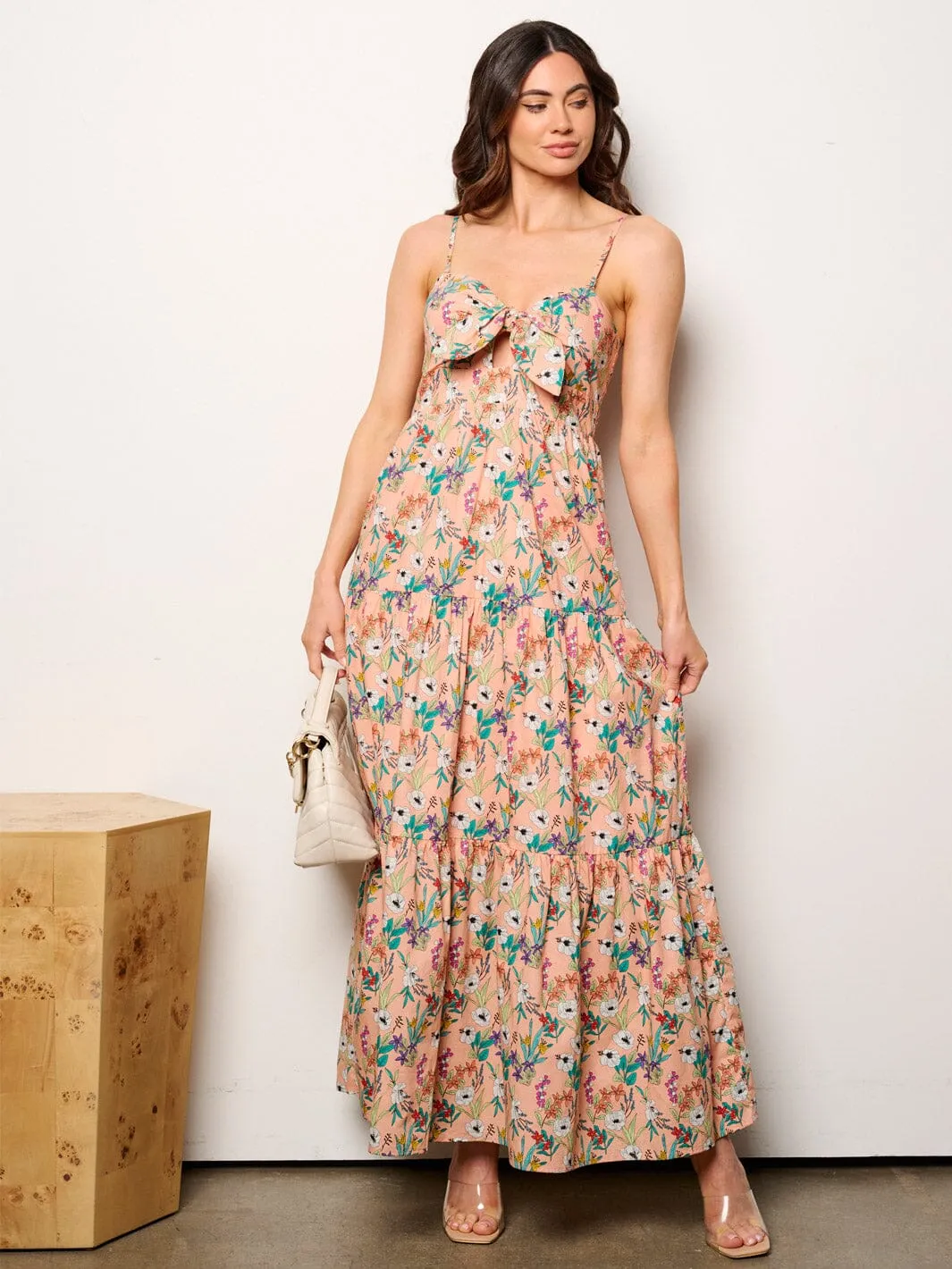 WOMEN'S SLEEVELESS FRONT CUT OUT SMOCK FLORAL MAXI DRESS