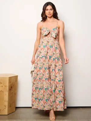 WOMEN'S SLEEVELESS FRONT CUT OUT SMOCK FLORAL MAXI DRESS