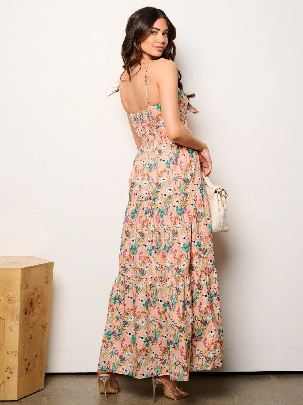 WOMEN'S SLEEVELESS FRONT CUT OUT SMOCK FLORAL MAXI DRESS